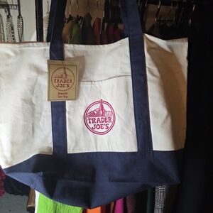 Trader Joe's Canvas Tote Bag in Cream and Navy with Red Logo